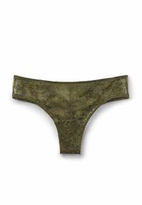 Olijfgroene kantslip, met bloemenpatronen, transparante textuur en een klassieke snit. Zachte elastische tailleband voor comfort.