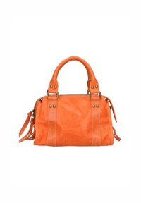 Borsa a tracolla in suede arancione con doppi manici, chiusura con zip e tracolla removibile; presenta accessori in ottone e pannelli cuciti.