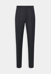 Pantaloni neri su misura con un design a gamba dritta, caratterizzati da due pince frontali e una texture del tessuto liscia. Nessuna tasca o dettaglio visibile.