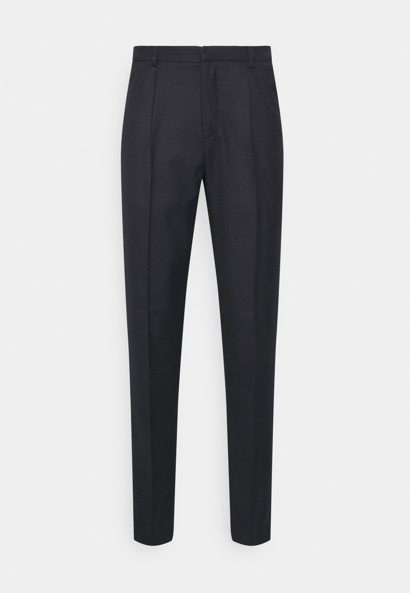 Pantaloni neri su misura con un design a gamba dritta, caratterizzati da due pince frontali e una texture del tessuto liscia. Nessuna tasca o dettaglio visibile.