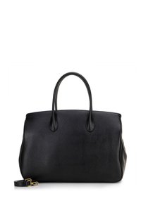 Borsa a mano in pelle nera con forma strutturata, texture liscia, doppi manici arrotondati e tracolla removibile. Presenta dettagli in metallo dorato.