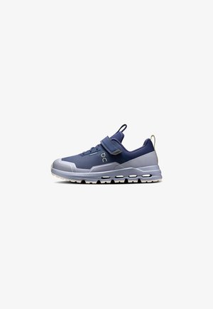Navy athletic shoes with a reinforced rubber sole, mesh upper, padded collar, and adjustable strap, featuring a sleek, modern design.
