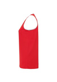 Rotes ärmelloses Oberteil mit rundem Halsausschnitt und weißen Akzenten. Hergestellt aus einem glatten, leichten Stoff mit einem einfachen, taillierten Design.