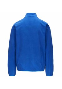 Giacca in pile blu da uomo con colletto, maniche lunghe e una texture liscia. Nessun logo o motivo visibile sul retro.