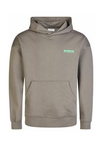 Grijze hoodie gemaakt van zachte stof, met een voorzak en een logo in lichtgroen op de borst. Klassieke pasvorm met ribgebreide boorden.