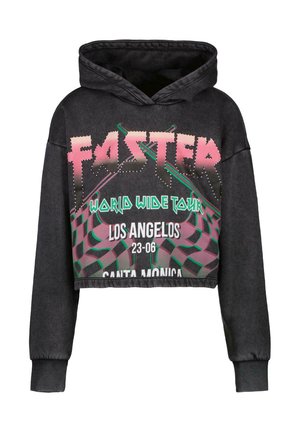Zwarte cropped hoodie met een trekkoordkap, voorzien van een kleurrijke graphic print met tekst en geometrische patterenen in roze en groen.