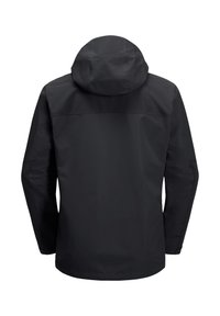Schwarze wasserdichte Jacke mit Kapuze, die eine glatte, matte Textur und einen lockeren Schnitt aufweist. Enthält Seitentaschen und lange Ärmel.