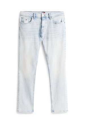 Light blue denim jeans, straight cut, featuring faded wash, two front pockets, one back pocket, and button closure. Minimalist design.