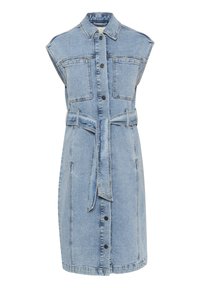 Robe en denim avec col, design sans manches et boutons sur le devant. Dispose d'une taille ceinturée et de deux poches poitrine. Couleur bleu clair.