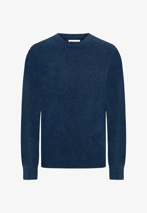 Suéter azul marino hecho de tela de punto texturizada, con cuello redondo y mangas largas con puños y dobladillo de canalé.