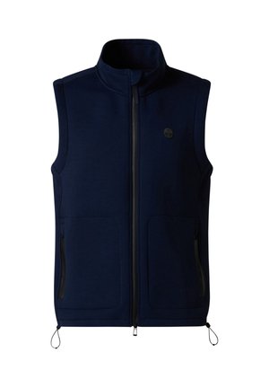 Gilet in pile blu navy senza maniche con cerniera frontale integrale, due tasche con zip, colletto alto e coulisse regolabili all'orlo.