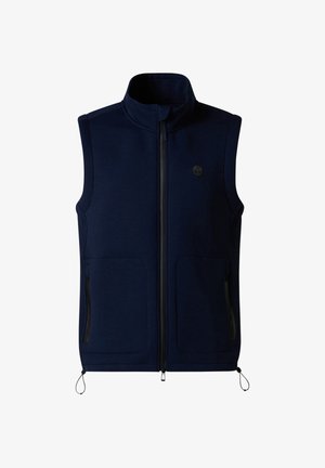 Ärmellose Fleece-Weste in Marineblau mit durchgehendem Frontreißverschluss, zwei Reißverschlusstaschen, hohem Kragen und verstellbaren Kordelzügen am Saum.