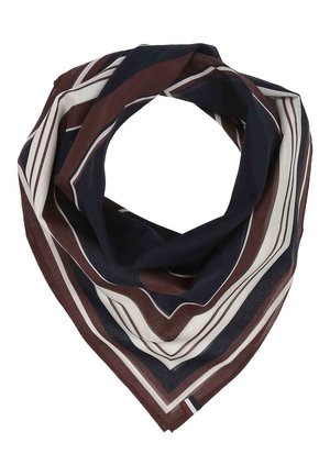 Quadratisches Tuch mit diagonalen Streifen in Braun, Marineblau und Weiß, zu einem Dreieck gefaltet mit einem hohlen Zentrum.