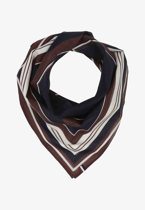 Firkantet tørklæde med brune, mørkeblå og hvide diagonale striber, foldet til en trekant med et hul i midten.