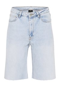 Světle modré džíny s vysokým pasem, designem s pěti kapsami, roztrhaným lemem a jemnými detaily blednutí. Klasické zapínání na knoflík v přední části.