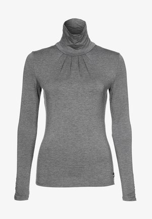 Šedé tričko s dlouhým rukávem a rolákem, s jemnými sklady pod límcem a malým kovovým logem u lemu.