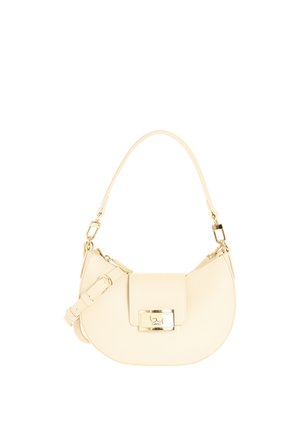 Borsa a mezzaluna in pelle color crema con chiusura in metallo tono oro, tracolla staccabile e manico corto superiore.