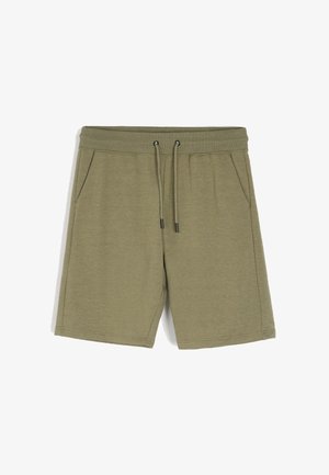 Olive zielone spodenki sportowe wykonane z miękkiego materiału, z elastycznym pasem i sznurkiem do regulacji, oraz dwiema bocznymi kieszeniami.