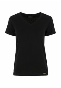 Czarna, krótki rękaw, koszulka V-neck z miękkiego materiału, z podwiniętymi mankietami i małym logo na dolnym brzegu.