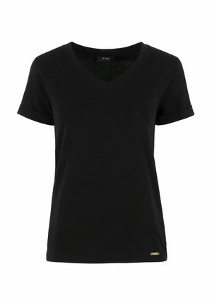 Czarna, krótki rękaw, koszulka V-neck z miękkiego materiału, z podwiniętymi mankietami i małym logo na dolnym brzegu.