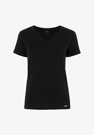 Czarna, krótki rękaw, koszulka V-neck z miękkiego materiału, z podwiniętymi mankietami i małym logo na dolnym brzegu.