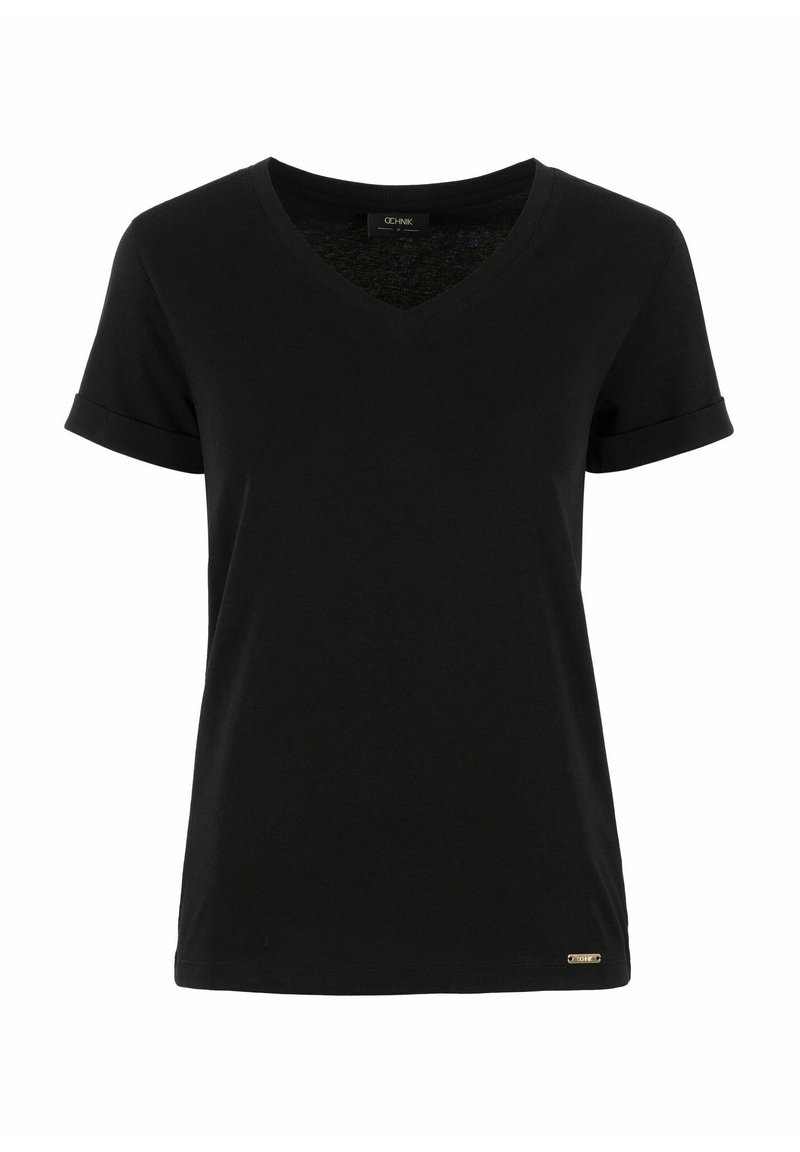 Czarna, krótki rękaw, koszulka V-neck z miękkiego materiału, z podwiniętymi mankietami i małym logo na dolnym brzegu.