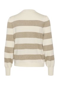 Cream and beige striped sweater featuring long sleeves, a crew neck, and ribbed cuffs. The fabric appears soft with a smooth texture.
