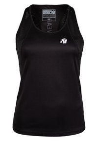 Zwarte sportieve tanktop met mesh details en een strakke pasvorm. Heeft een klein wit logo aan de voorkant en een ronde halslijn.