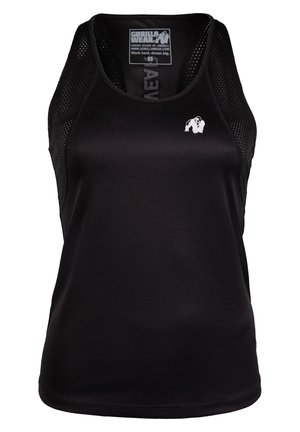 Zwarte sportieve tanktop met mesh details en een strakke pasvorm. Heeft een klein wit logo aan de voorkant en een ronde halslijn.