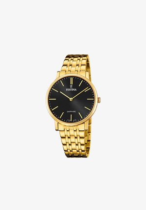 Goldfarbene Uhr mit schwarzem Zifferblatt, minimalistisches Design und Saphirglas. Verfügt über ein Mesh-Armband im Stil mit schlanken Stundenmarkierungen und Zeigern.