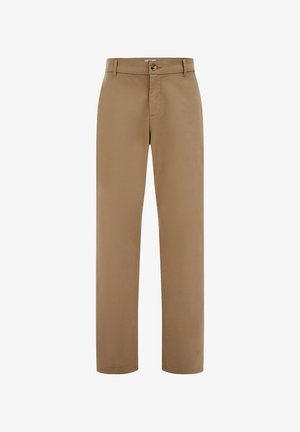 Preproste rjave hlače z ravnimi nogami, z zankami za pas, sprednjim gumbom in zadrgo, prikazane na belem ozadju.