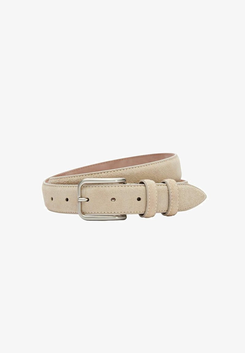 Beige mokkanahkahihihihihih belt with a smooth texture, featuring a silver metal buckle and multiple adjustment holes. The ends taper to a pointed tip.