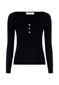 Maglione nero a coste con maniche lunghe, una leggera scollatura a cuore e tre bottoni decorativi al centro.