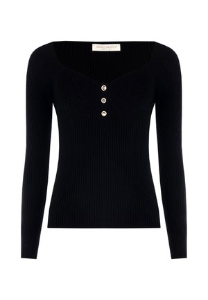Maglione nero a coste con maniche lunghe, una leggera scollatura a cuore e tre bottoni decorativi al centro.