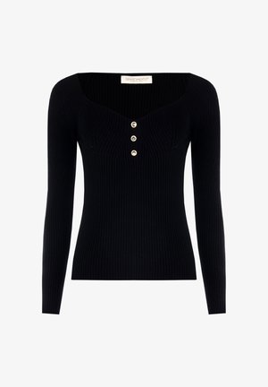 Maglione nero a coste con maniche lunghe, una leggera scollatura a cuore e tre bottoni decorativi al centro.