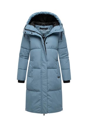 Abrigo de invierno acolchado largo en color azul claro, con capucha, cremallera en la parte delantera, botones a presión y bolsillos laterales, diseñado para el clima frío.