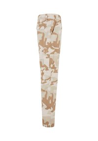 Camo pants in light beige and brown colors, featuring a slim fit, side pockets, and a smooth cotton texture.