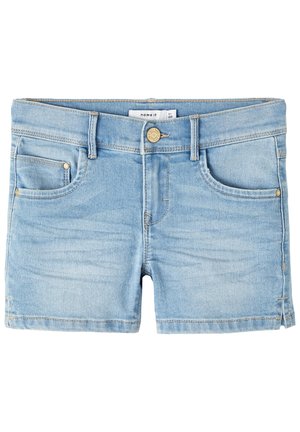 Lyseblå denimshorts med forlommer, bæltestropper, knaplukning og subtile falmede detaljer.