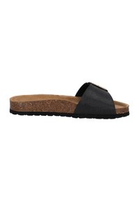 Sandalo nero slip-on con tomaia testurizzata, dettaglio della fibbia regolabile e soletta in sughero su una suola in gomma.