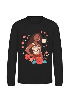Sort sweatshirt med en tropisk-tema illustration af en selvsikker pige med langt hår, blomster, blade og en sol i baggrunden.