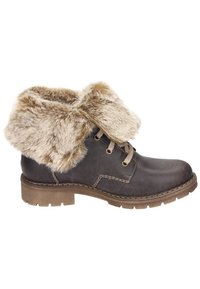 Bruine leren enkellaarsjes met een faux fur boord, vetersluiting en rubberen zool. Stikselafwerking voegt textuur toe.