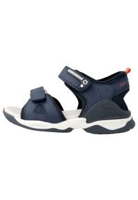 Navyblaue Sandale mit verstellbarem Klettverschluss, Netzpaneelen, weißer Sohle und strukturierten Akzenten für besseren Halt. Leichtes Design, geeignet für den Freizeitgebrauch.
