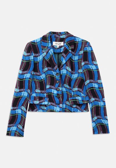 Cropped blazer in blue, black, and green checkered pattern. Features a notched collar and five black buttons down the front.
