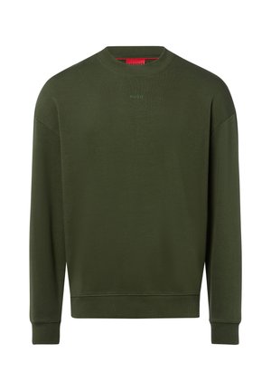 Olijfgroene sweatshirts met ronde hals, lange mouwen, geribbelde manchetten en zoom, en een subtiel "HUGO" logo gecentreerd onder de halslijn.