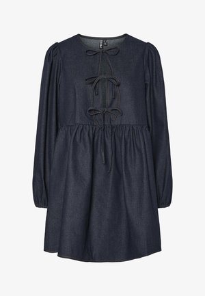 Denim jurk met een ronde halslijn, lange pofmouwen en een cinched taille met strikjes. Donkerblauwe kleur met contrasterende stikdetails.