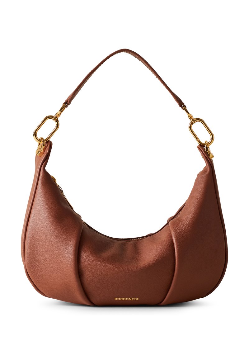 Brown leather shoulder bag with a rounded design, zip closure, and gold hardware. Features pleated details and a smooth texture.