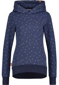 Sudadera de color azul marino en tejido suave, con un diseño estampado de pequeños puntos azul claro. Incluye una capucha de doble capa y puños acanalados.