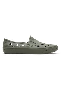 Green rubber slip-on shoes with ventilation holes, a smooth surface, and a textured outsole for grip. Rounded toe and minimal design details.