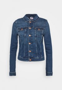 Jeansjacka i mörkblått med långa ärmar, knäppning framtill, två bröstfickor och klassisk krage. Utrustad med kopparfärgad hårdvara.