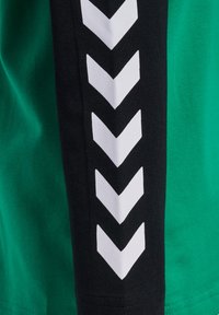 Grünes Kurzarmhemd mit einem schwarzen Ärmel, der weiße Chevron-Muster aufweist. Das Material wirkt weich und leicht.